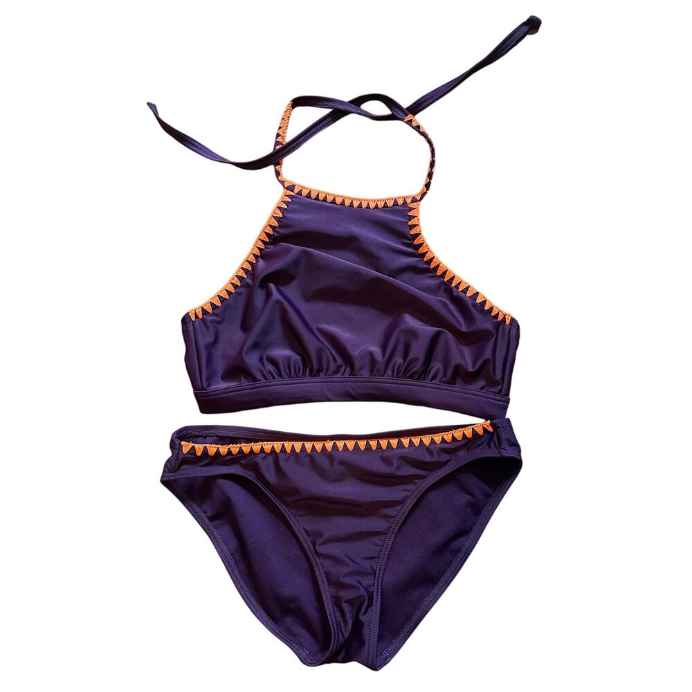 Seekers Australia Purple Two Piece Swimsuit Halter Tie Top Crochet Trim